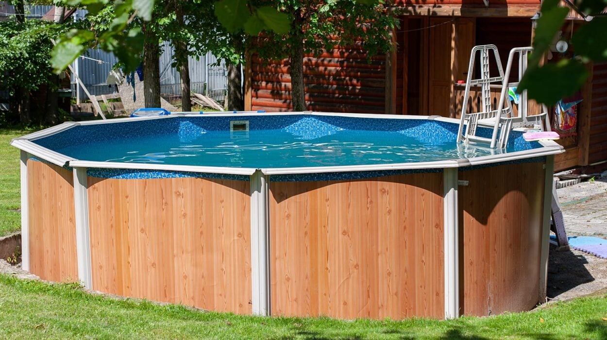 above ground swimming pool in backyard