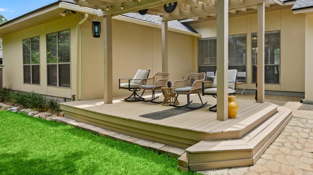 new stylish deck in backyard