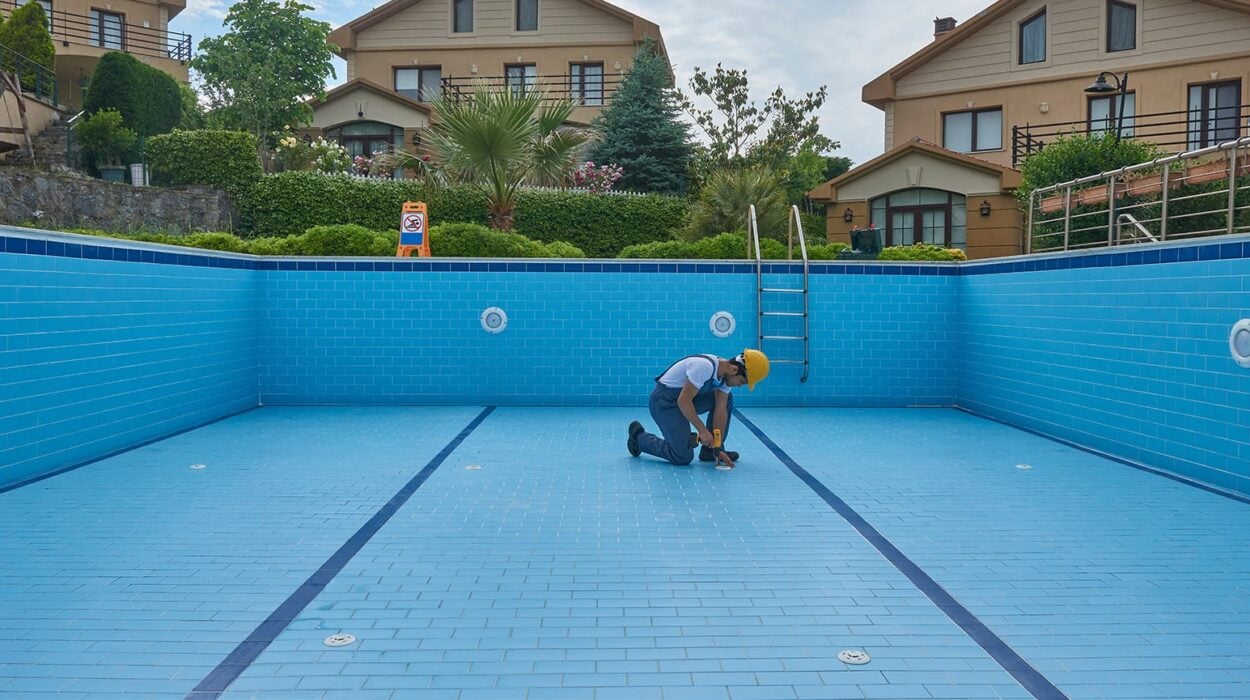 repairman is repairing pool with equipment