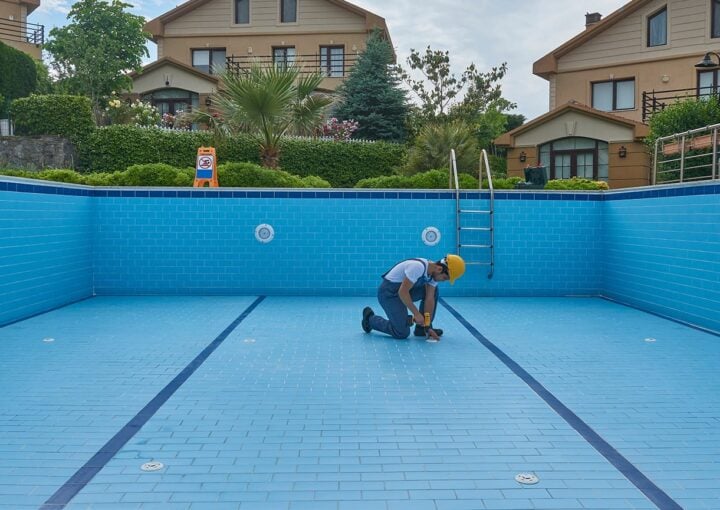 repairman is repairing pool with equipment