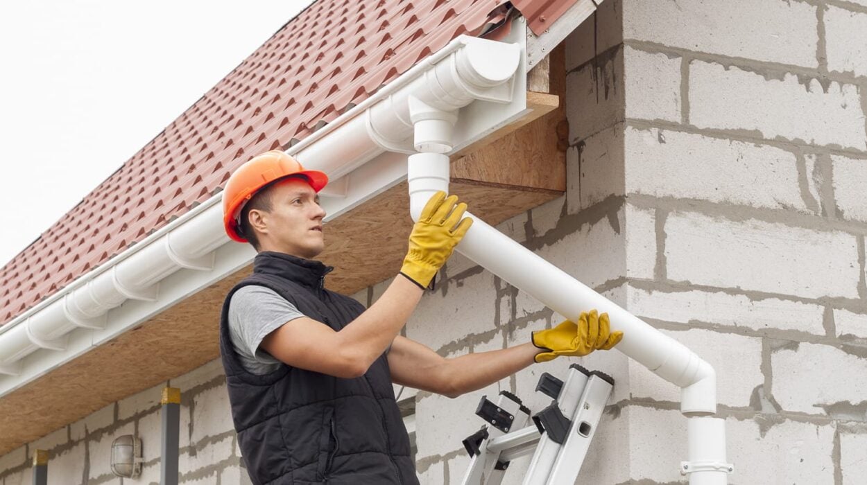construction worker installs the gutter system on the roof