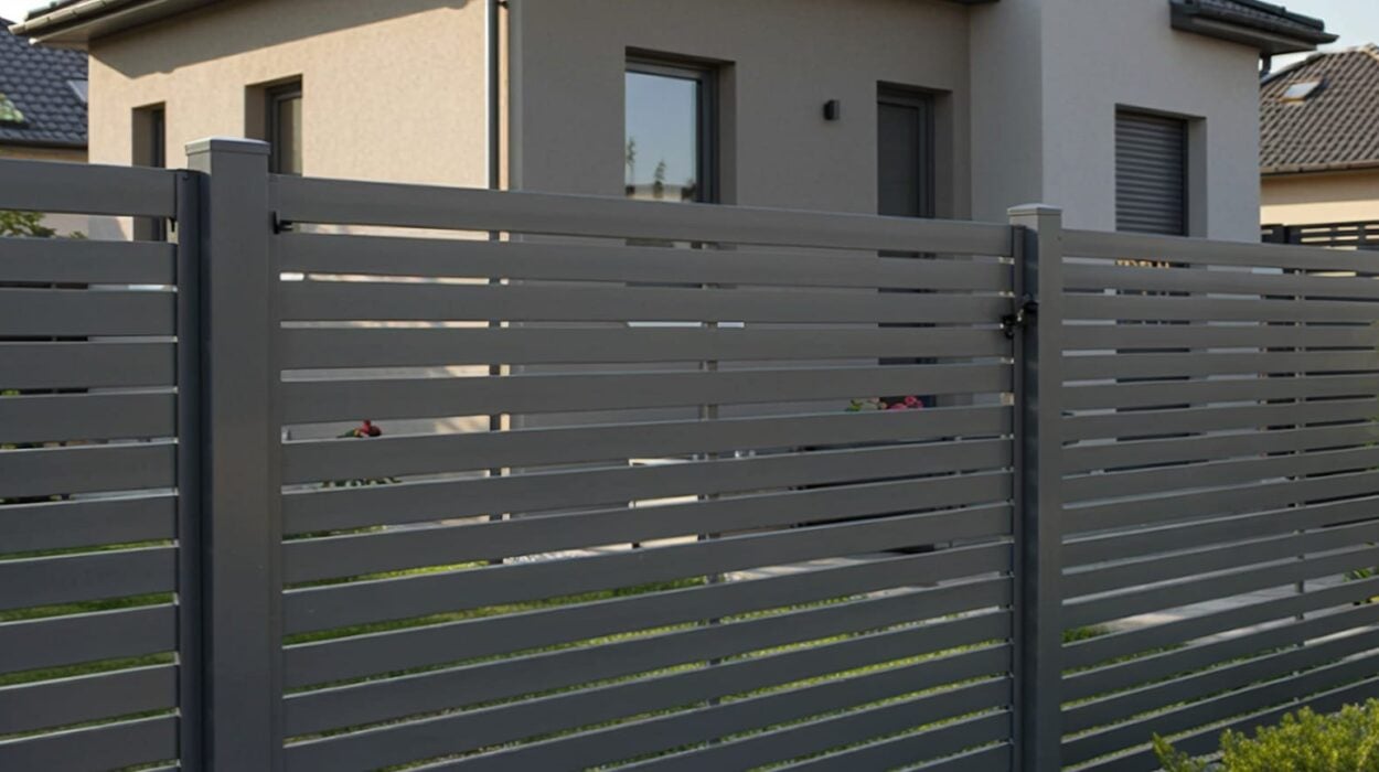 outdoor photo of modern gray aluminum fence in front of a modern small villa on a sunny day