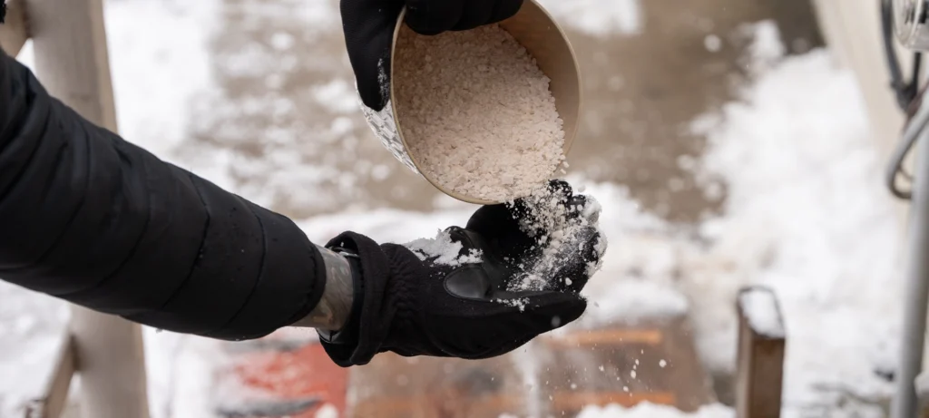 rock salt ice melt is being spread on your walkway to melt the ice and snow from your path