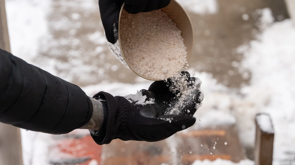 rock salt ice melt is being spread on your walkway to melt the ice and snow from your path