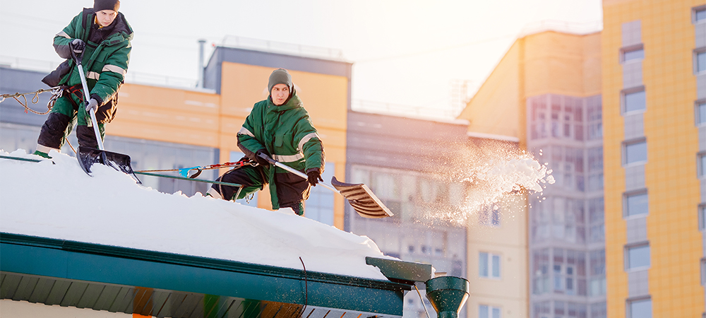 team of male workers clean roof of building from snow with shovels in securing belts of mantra