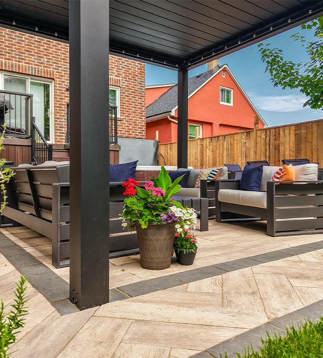 close up view of patio and sitting setup under patio cover close up view of patio and sitting setup under patio cover