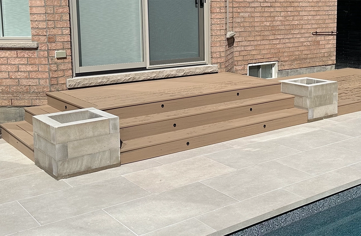 close up view of wooden deck with steps