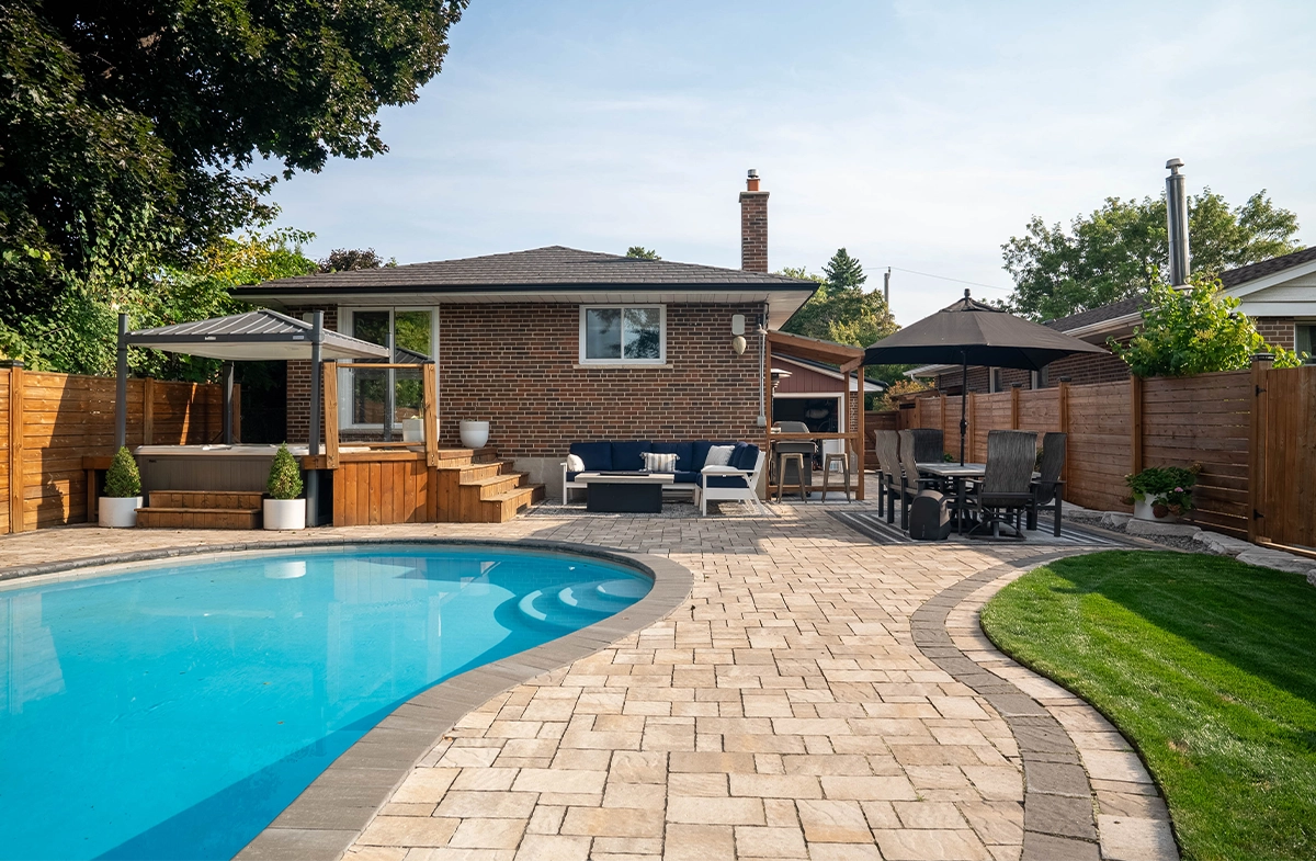 interlock patio pool with sodding in backyard interlock patio pool with sodding in backyard