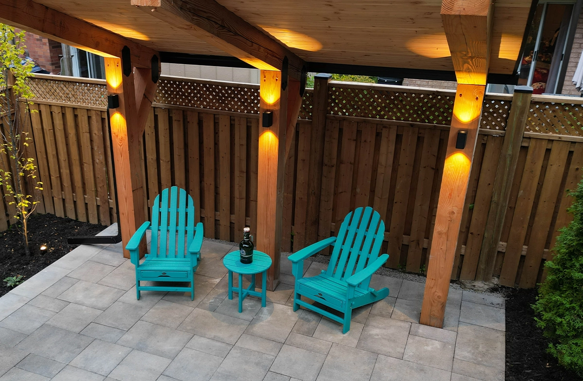 interlock patio, wooden fence, landscaping in back yard