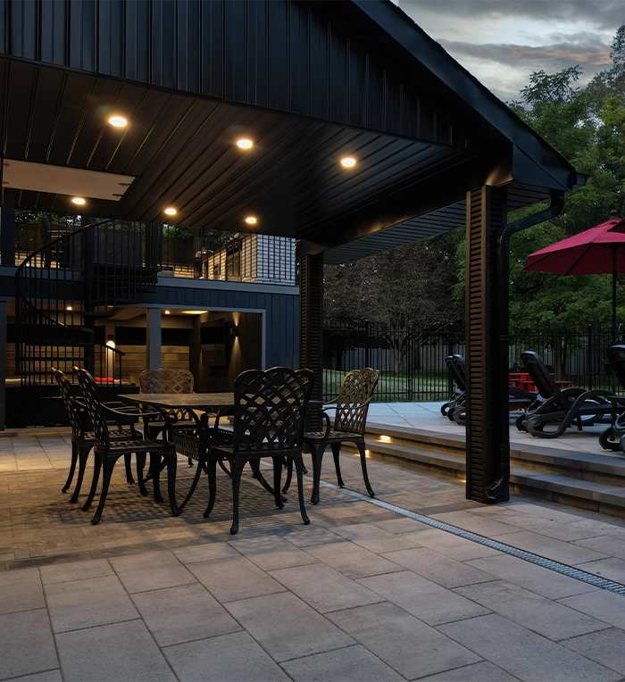 interlocking floor, outdoor backyard space, patio cover, sitting setup