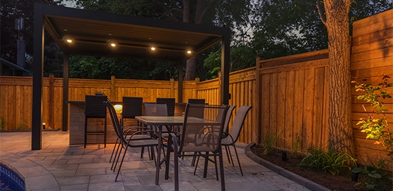 lighting for outdoor open kitchen, evening view