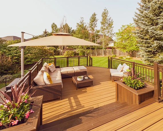 luxury wooden deck for backyard outdoor space in lawn