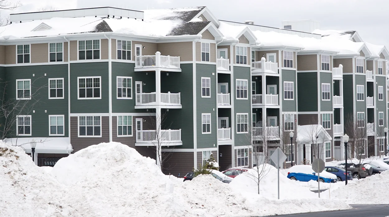 modern apartment building after winter snow storm