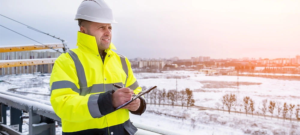A smiling caucasian builder in a white hard hat and yellow fluorescent jacket holds clipboard, stands on the roof, inspects snow site and makes notes.