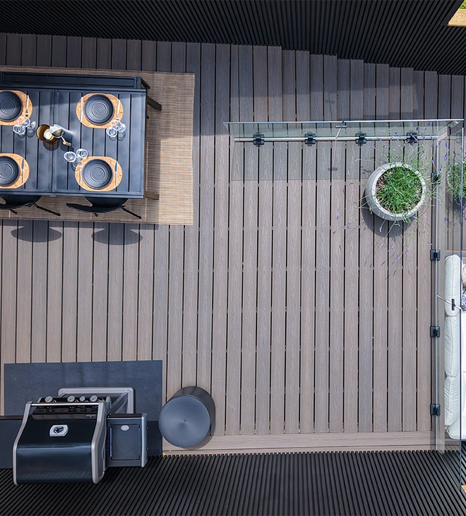 top view of new backyard wooden deck