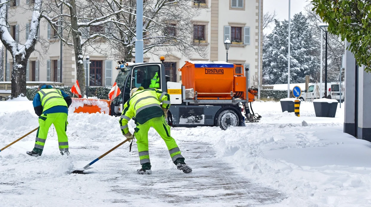 The two workers and one tractor removing the white fresh fluffy snow from the road,