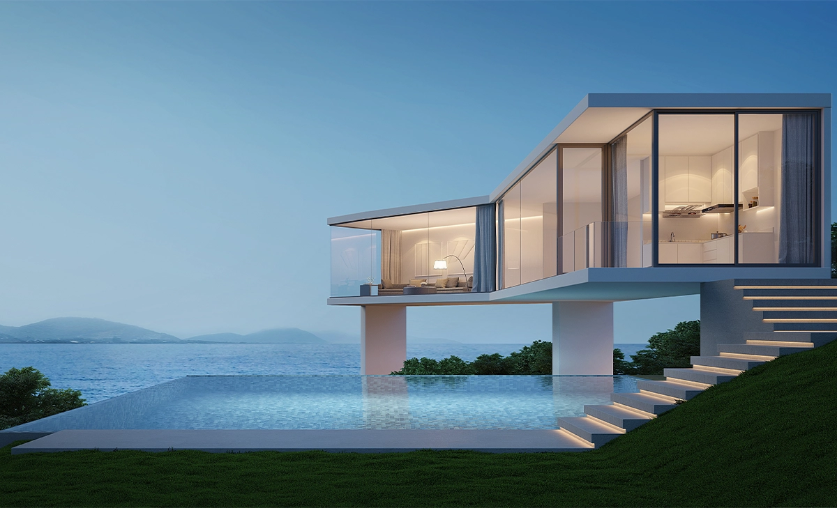luxury home near sea side, large glass walls, acrylic and glass walled infinite pool, lighting on steps