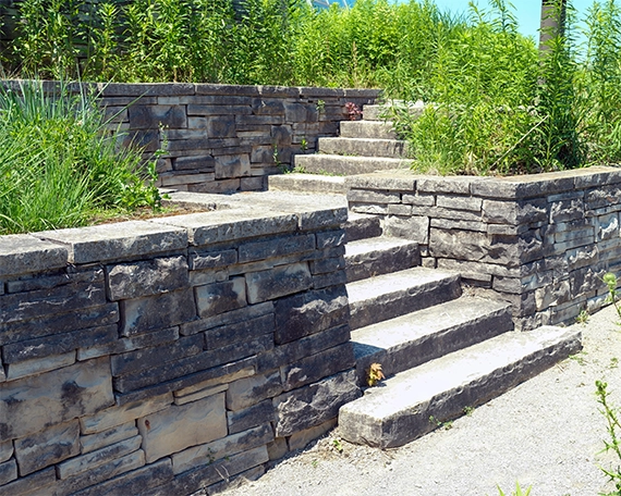 large armour stone retaining walls with steps