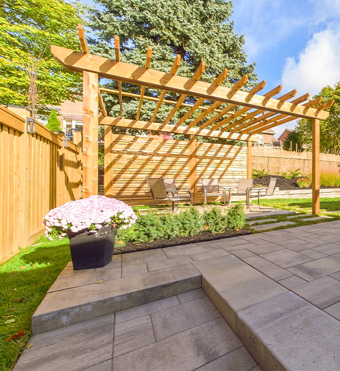 backyard seating area under cabana, interlocking patio