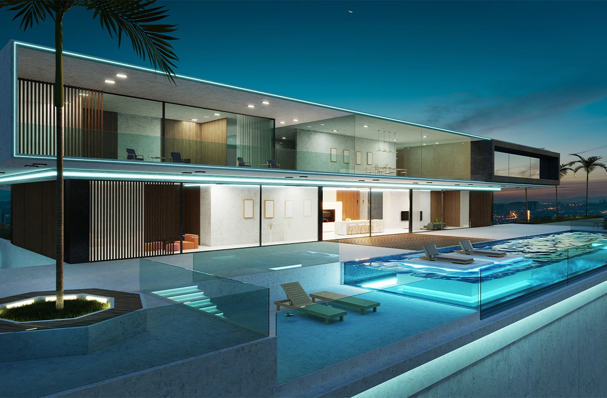 lighting in acrylic and glass walled pool, pool space covered with glass, in front of luxury home, large glass walls