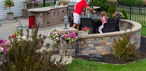 dinning area on block retaining wall