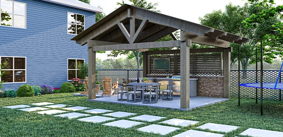 open kitchen covered with cabana or patio cover in home backyard lawn