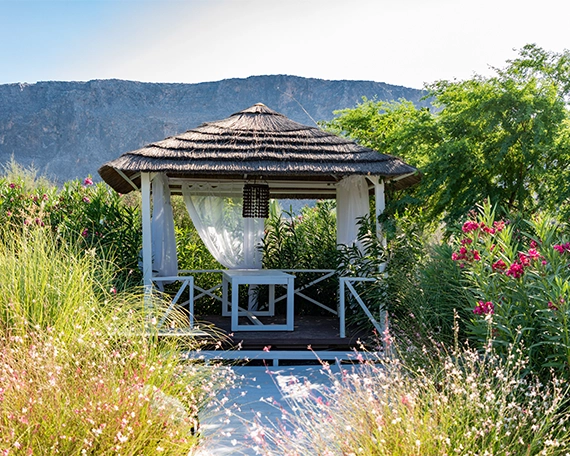 outdoor cabana, mountain in background