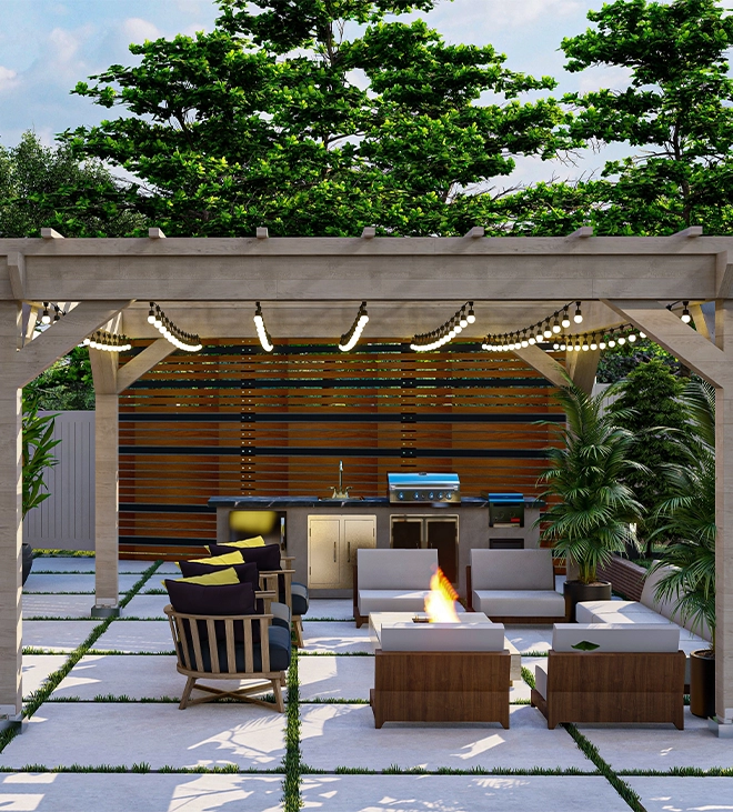 lighting bulb hanged on cabana inside roof, open kitchen, 3d rendering
