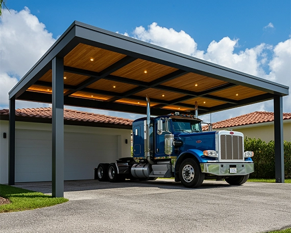 carport for truck A modern metal pergola-type tall carport in front of the garage with a large peterbilt-type truck, reflecting comfort, be cozy and have led lights on the roof, wood paneled roof