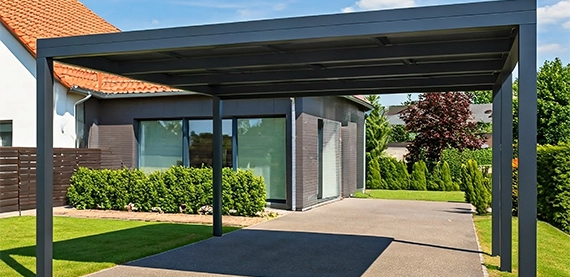 carport on home walk way modern house, wide driveway, anthracite aluminum carport