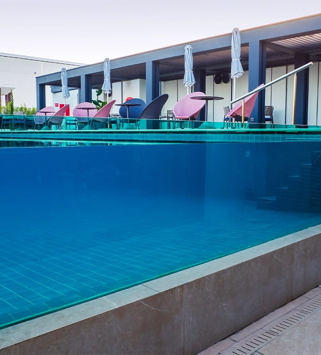 close up view of acrylic and glass walled pool