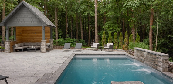 concrete pool image eight concrete pool water feature, in open backyard, custom carpentry for sitting space