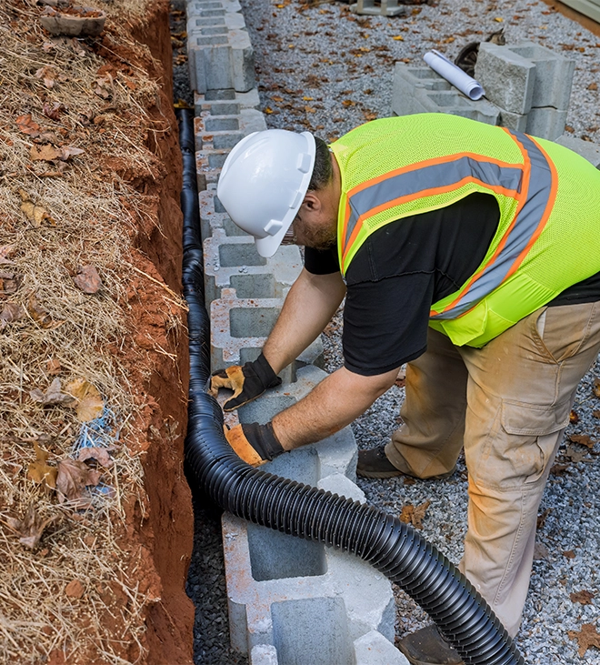 professional man installing drainage pipe system behind interlocking blocks wall