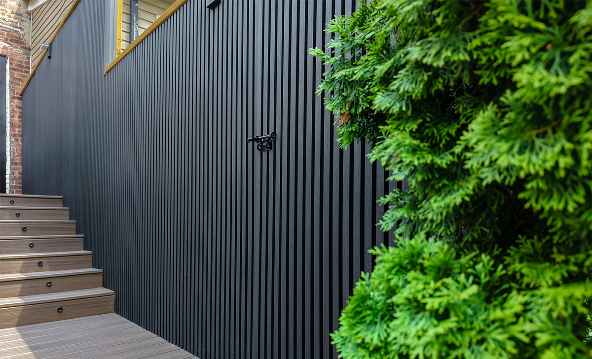 fence lattices gate in modern fence, lighting feature in step and deck