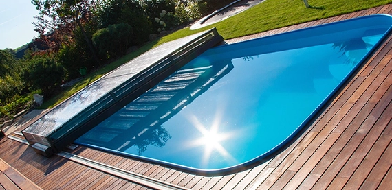 fibreglass pool image two fibreglass pool with wooden deck and pool cover in garden yard