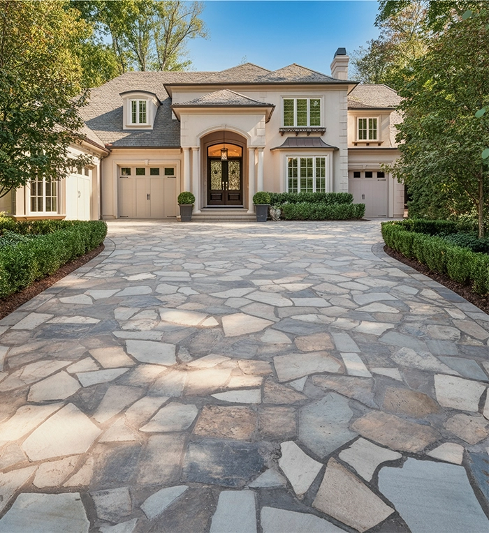 flagstone driveway in front of luxury home