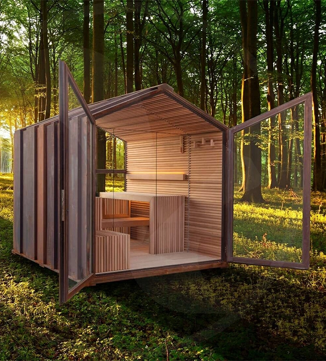 full view of outdoor sauna outdoor sauna full view in forest, sauna double door opened