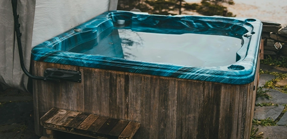 wooden frame hot tub close up view
