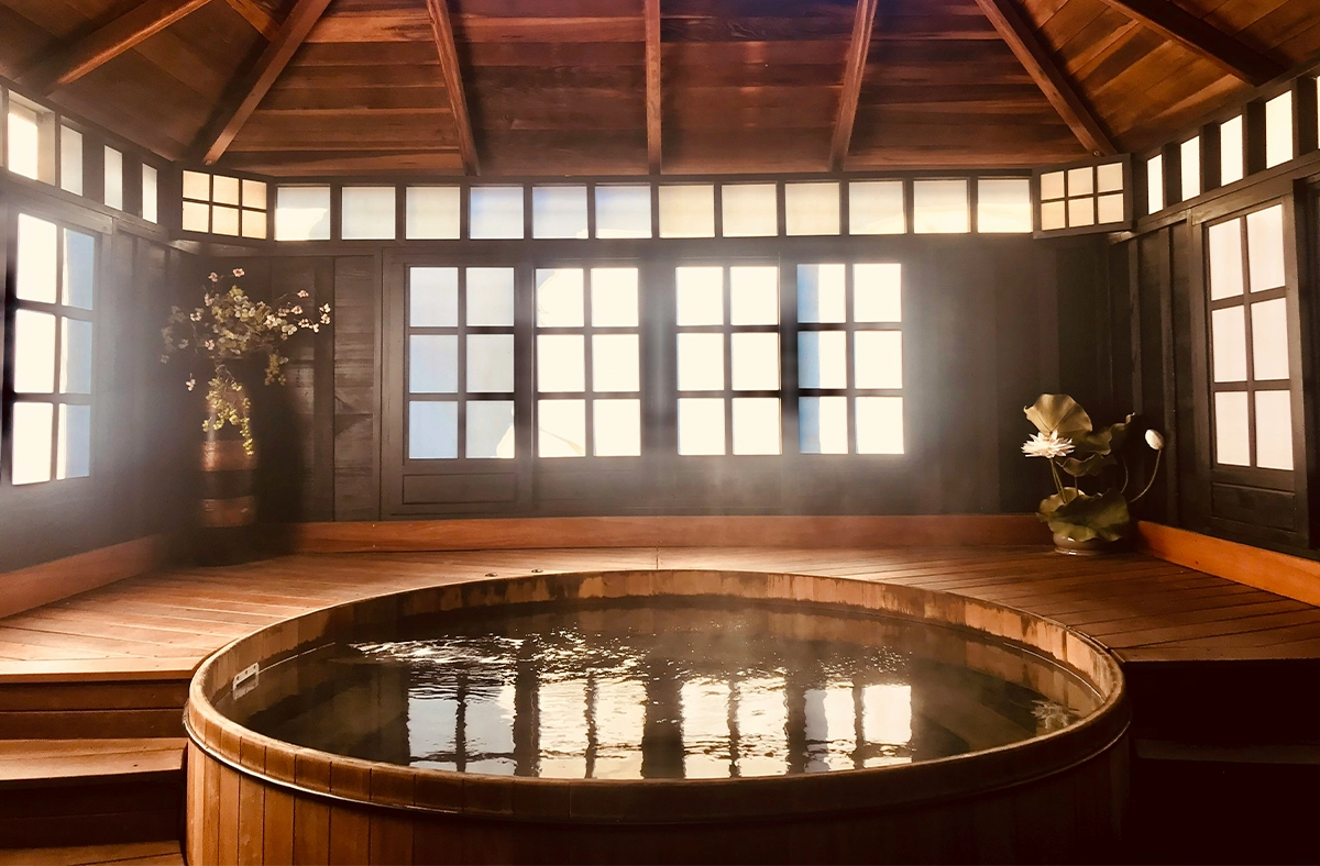 hot tubs and swim spas with wooden deck in a wooden made room