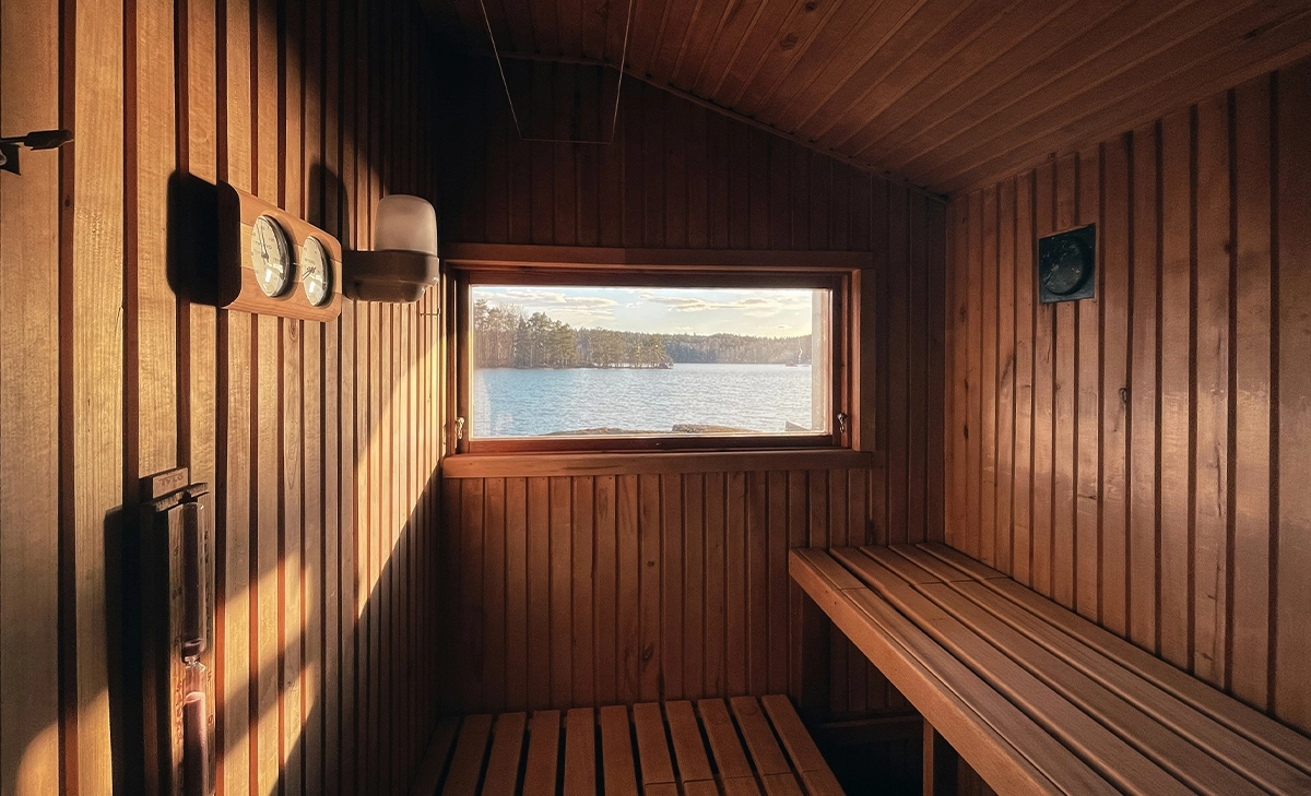 inside view outdoor sauna outdoor sauna inside view, sea view from window, sunlight coming inside from window