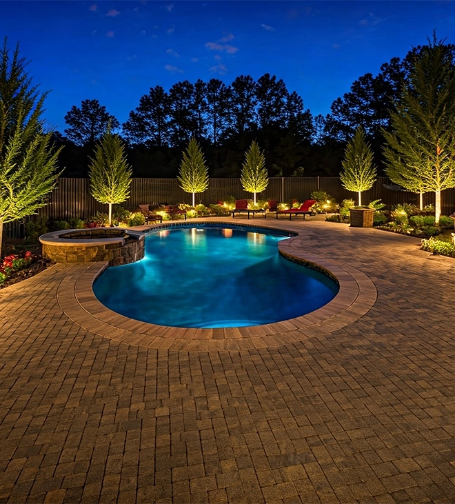interlock patio around pool night view and landscaping with lighting feature