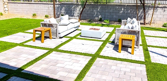 interlock patio with 3d landscape design in backyard and fire pit