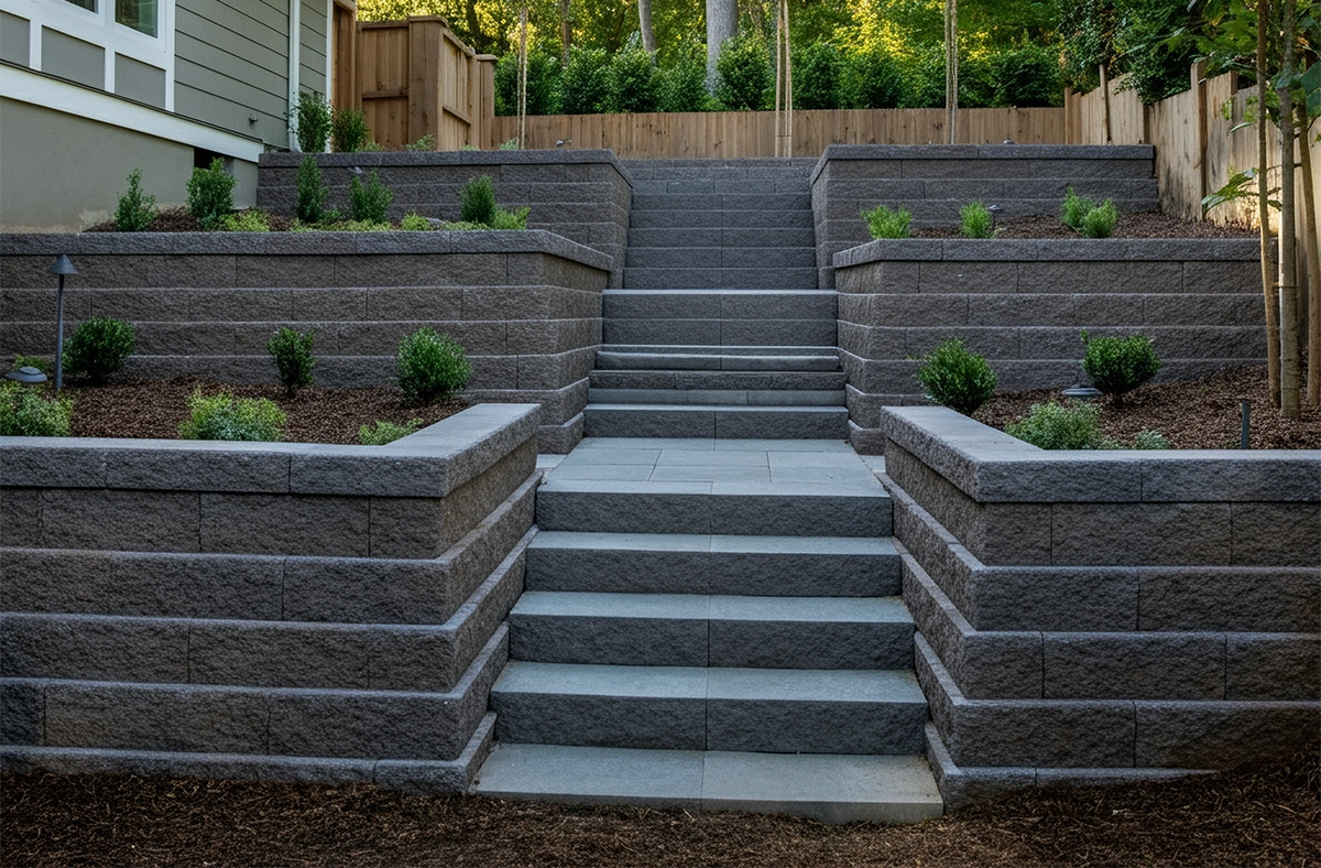 interlocking blocks steps and multi level retaining wall