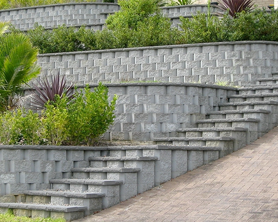 multi level retaining walls and long interlock block steps