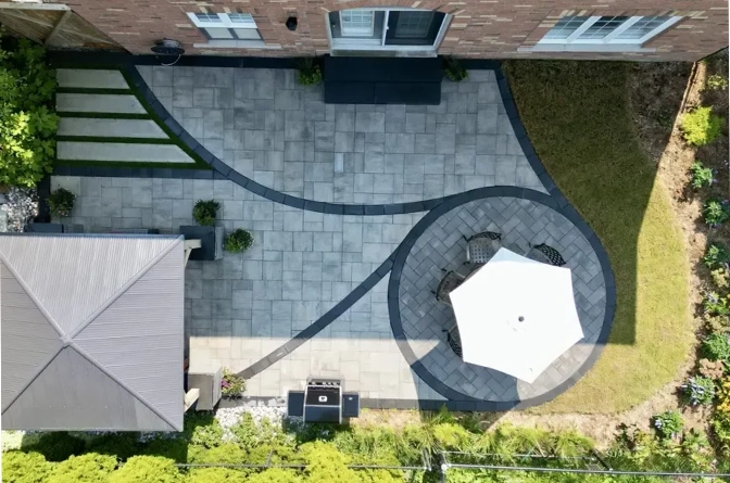 landscaping around full yard, top view, interlocking patio