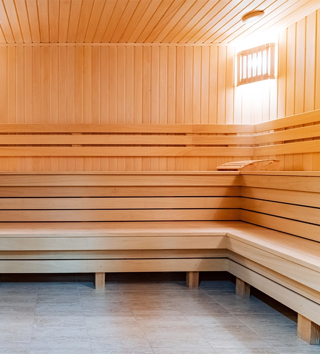 lighting in inside sauna corner lighting in outdoor sauna, temperature control sensor and sitting bench
