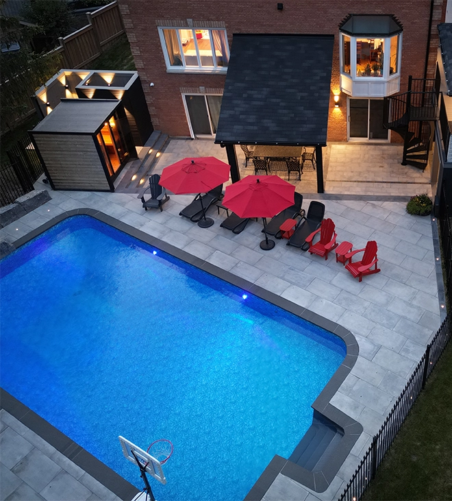 luxury backyard pool luxury backyard, interlocking surface around pool, sitting setup and cabanas