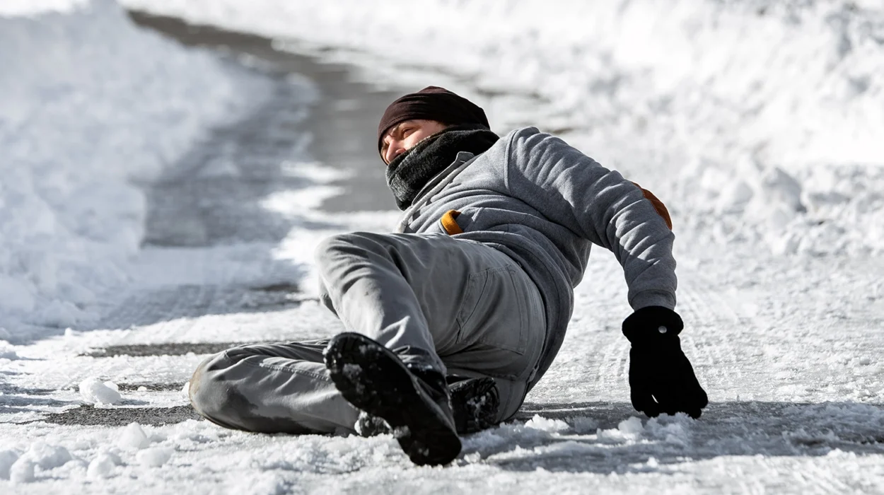 Injured man lying on the road, downfall and accident on winter season, black ice