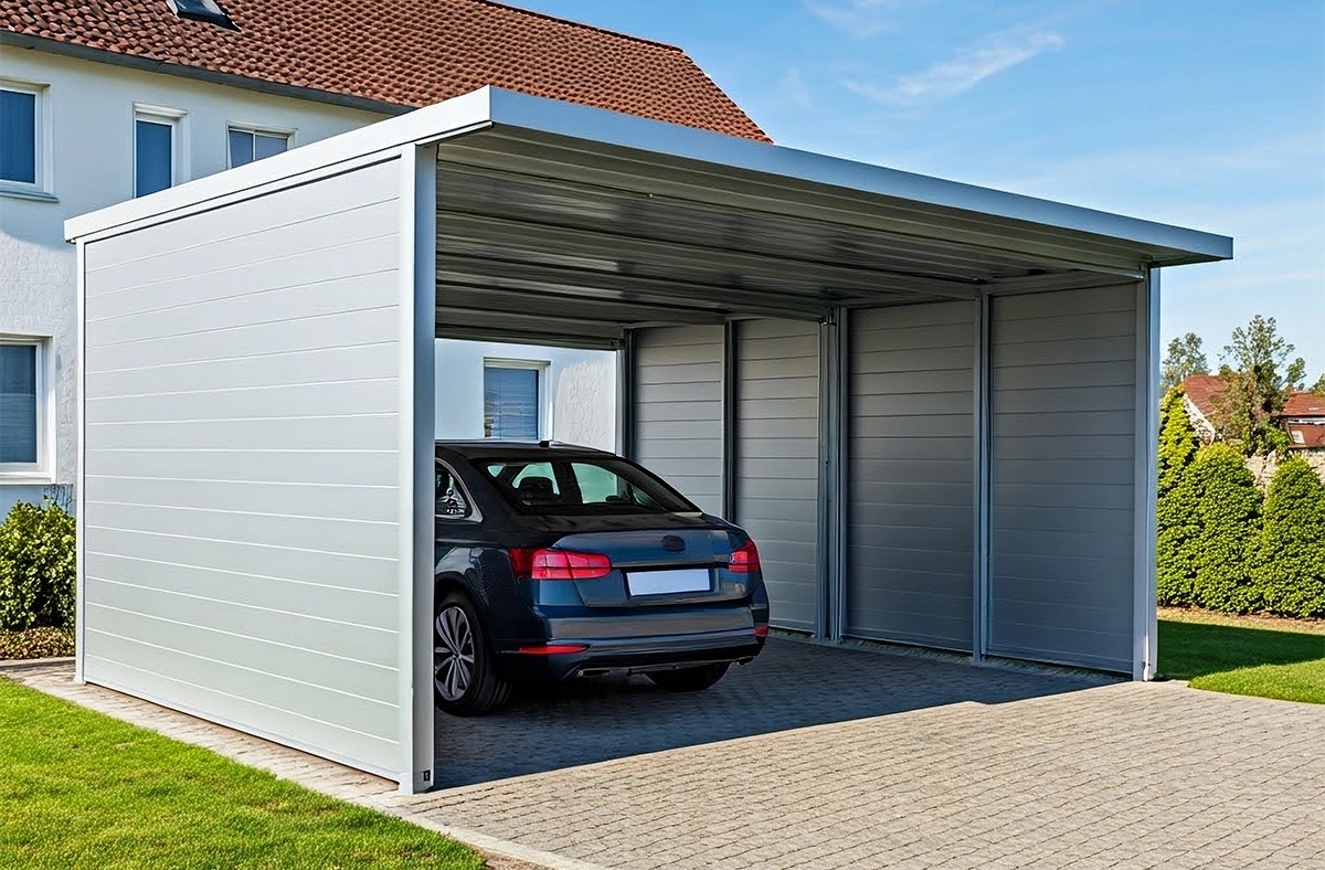 modern aluminum carport modern aluminum carport, sleek architectural design, metallic finish, attached to house wall