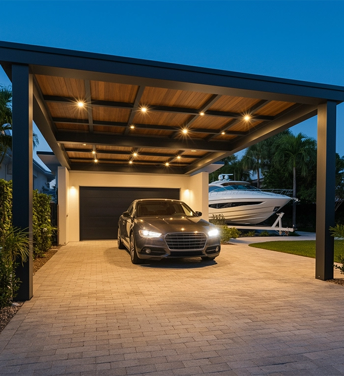 modern metal pergola carport in front of the garage with a yacht, reflecting comfort, be cozy and have LED lights on the roof, wood paneled ceiling